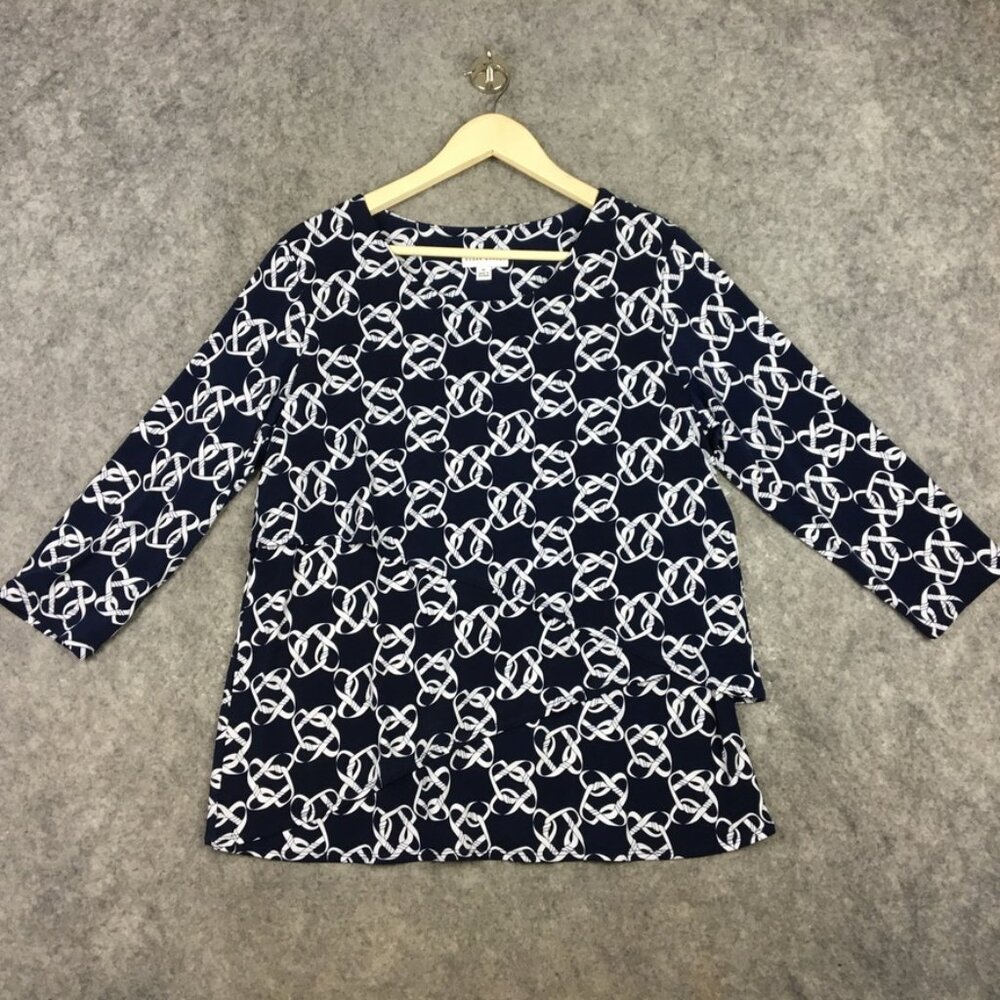 Susan Graver Top M Blouse Nautical Equestrian Layered Tiered Navy Blue Knots 3/4